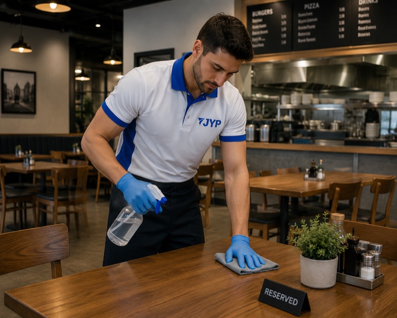 JYP team cleaning a restaurant