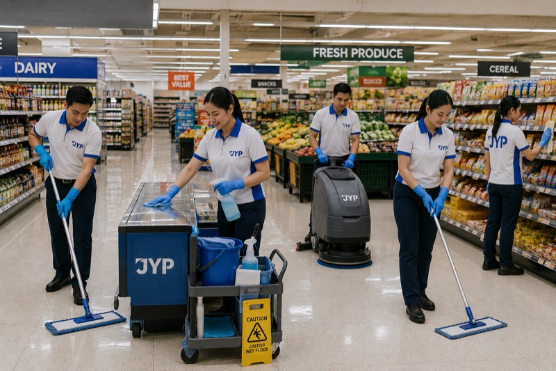 JYP team cleaning a supermarket